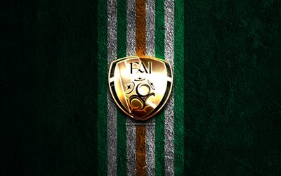 logo dorato della nazionale di calcio dell'irlanda, 4k, sfondo di pietra verde, uefa, squadre nazionali, logo della nazionale di calcio dell'irlanda, calcio, squadra di calcio irlandese, nazionale di calcio dell'irlanda