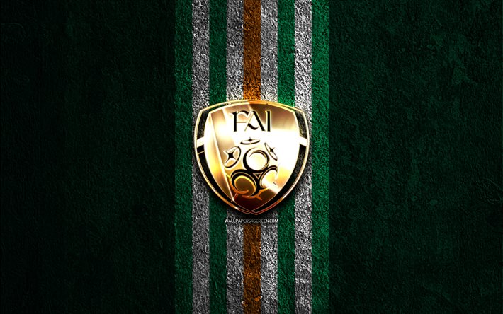 irlanda millî futbol takımı altın logosu, 4k, yeşil taş arka plan, uefa, milli takımlar, irlanda milli futbol takımı logosu, futbol, irlanda futbol takımı, irlanda milli futbol takımı