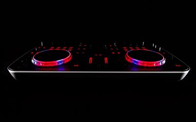 dj console, black background, purple neon lights, EDM, electronic music, djs