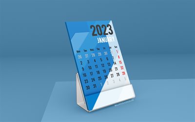 2023年1月カレンダー, 4k, スタンド卓上カレンダー, 1月, 2023年カレンダー, 青い卓上カレンダー, 青いテーブル, 冬のカレンダー, 2023年卓上カレンダー, 2023年営業1月カレンダー