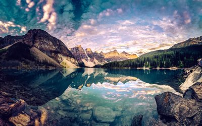 Moraine Lake, 4k, HDR, Alberta, forest, summer, reflection, canadian landmarks, mountains, blue lakes, Valley of the Ten Peaks, Banff National Park, travel concepts, Canada, Banff