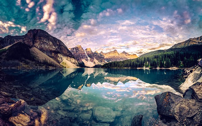 Moraine Lake, 4k, HDR, Alberta, forest, summer, reflection, canadian landmarks, mountains, blue lakes, Valley of the Ten Peaks, Banff National Park, travel concepts, Canada, Banff
