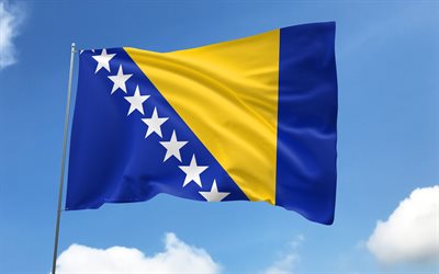 bosnian lippu lipputankoon, 4k, eurooppalaiset maat, sinitaivas, bosnia ja hertsegovinan lippu, aaltoilevat satiiniliput, bosnian lippu, bosnian kansalliset symbolit, lipputanko lipuilla, bosnia ja hertsegovina