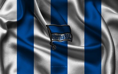 4k, logotipo del hertha bsc, tela de seda blanca azul, equipo de fútbol alemán, emblema hertha bsc, bundesliga, hertha bsc, alemania, fútbol, bandera hertha bsc, hertha berlín