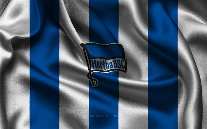 4k, logo do hertha berlin, tecido de seda branco azul, time de futebol alemão, emblema do hertha berlin, bundesliga, hertha berlin, alemanha, futebol, bandeira do hertha bsc, hertha berlim