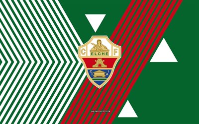شعار elche cf, 4k, فريق كرة القدم الاسباني, خطوط بيضاء خضراء الخلفية, إلتشي cf, الدوري الاسباني, إسبانيا, فن الخط, كرة القدم, إلتشي إف سي