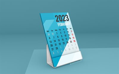 helmikuun 2023 kalenteri, 4k, seisovat pöytäkalenterit, helmikuu, 2023 kalenterit, sininen pöytäkalenteri, sininen pöytä, helmikuun kalenteri 2023, talvikalentereita, vuoden 2023 pöytäkalenterit, helmikuun liikekalenteri 2023
