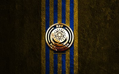 kazakistan millî futbol takımı altın logosu, 4k, sarı taş arka plan, uefa, milli takımlar, kazakistan milli futbol takımı logosu, futbol, kazak futbol takımı, kazakistan milli futbol takımı
