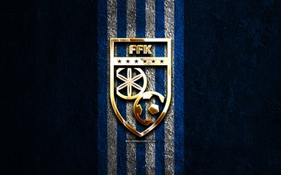 logo doré de l'équipe nationale de football du kosovo, 4k, fond de pierre bleue, uefa, équipes nationales, logo de l'équipe nationale de football du kosovo, football, équipe de football du kosovo, équipe nationale de football du kosovo