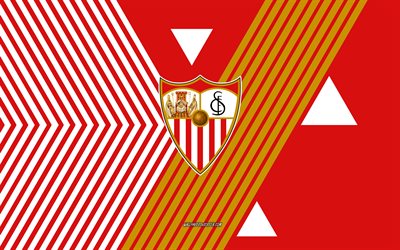 sevilla fc logosu, 4k, ispanyol futbol takımı, kırmızı beyaz çizgiler arka plan, sevilla fc, la liga, ispanya, hat sanatı, sevilla fc amblemi, futbol