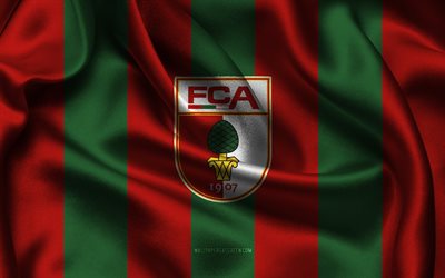 4k, fc augsburg logo, rotgrüner seidenstoff, deutsche fußballmannschaft, wappen des fc augsburg, bundesliga, fcaugsburg, deutschland, fußball, fc augsburg flagge