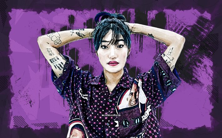 4k, peggy gou, grunge kunst, musikstars, südkoreanische djs, violette grunge kunst, südkoreanische berühmtheit, peggy gou 4k