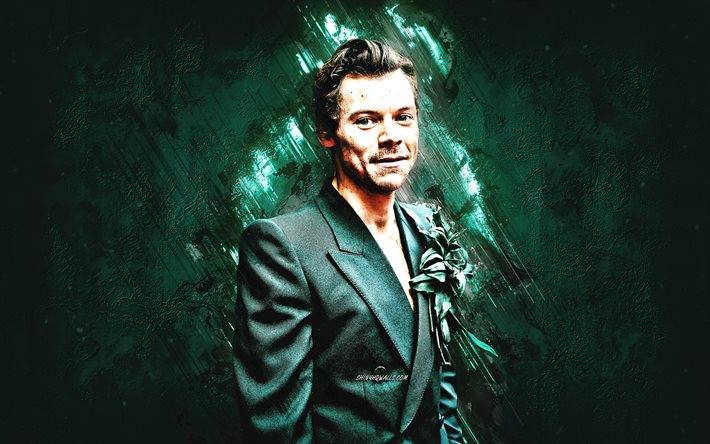 Harry Styles, English singer, portrait, green stone background, Harry Edward Styles, English star, grunge art