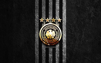 サッカードイツ代表チームの金色のロゴ, 4k, 黒い石の背景, uefa, 代表チーム, サッカードイツ代表のロゴ, サッカー, ドイツのサッカー チーム, フットボール, サッカードイツ代表