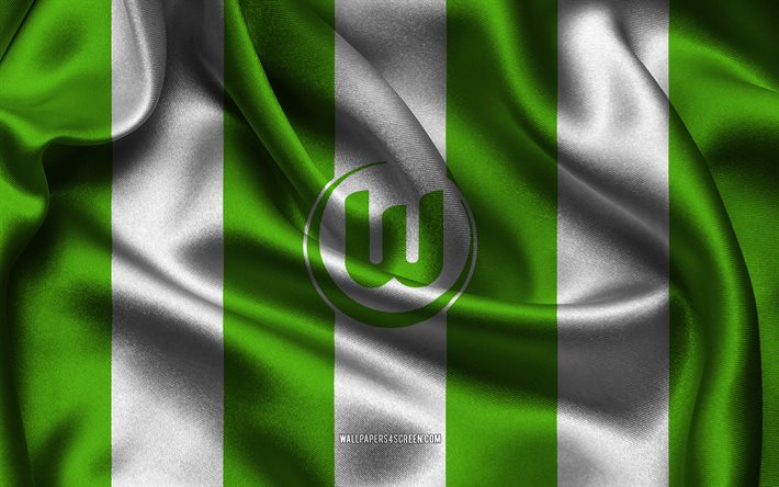 4k, شعار vfl wolfsburg, نسيج الحرير الأبيض الأخضر, فريق كرة القدم الألماني, الدوري الالماني, فولفسبورج في إف إل, ألمانيا, كرة القدم, علم vfl wolfsburg, فولفسبورج