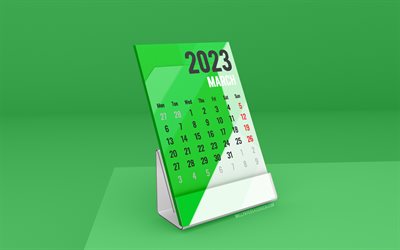 mars 2023 kalender, 4k, stå skrivbordskalendrar, mars, 2023 kalendrar, grön skrivbordskalender, grönt bord, marskalender 2023, vårens kalendrar, 2023 skrivbordskalendrar, 2023 företags mars kalender, 2023 mars kalender