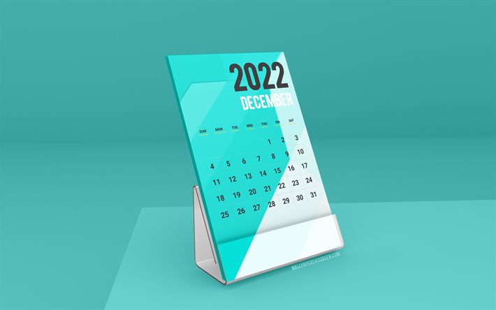 joulukuun 2022 kalenteri, 4k, seisovat pöytäkalenterit, joulukuu, 2022 kalenterit, sininen pöytäkalenteri, sininen pöytä, joulukuun kalenteri 2022, talvikalentereita, vuoden 2022 pöytäkalenterit, 2022 joulukuun työkalenteri
