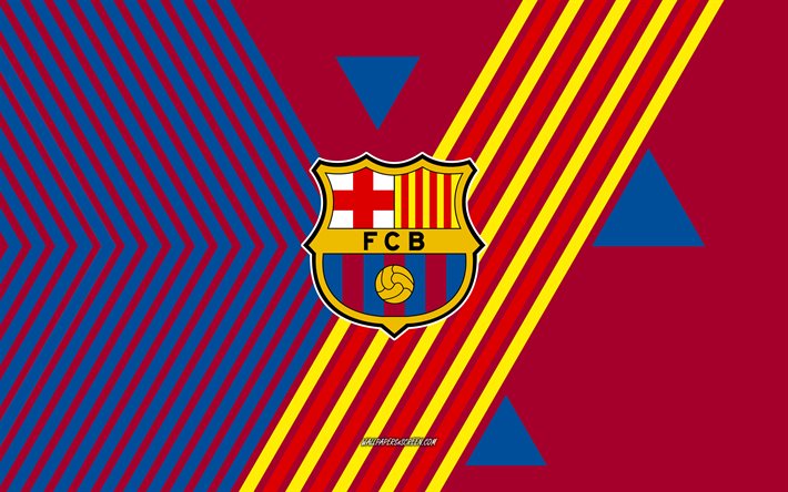 fc barcelona logosu, 4k, ispanyol futbol takımı, mavi bordo çizgiler arka plan, barcelona, la liga, ispanya, hat sanatı, fc barcelona amblemi, futbol, barselona