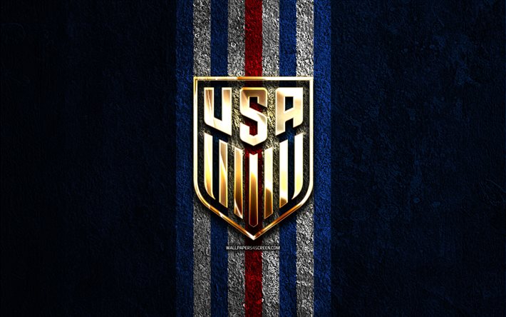 yhdysvaltain miesten jalkapallomaajoukkueen kultainen logo, 4k, sininen kivi tausta, concacaf, maajoukkueet, haitin jalkapallomaajoukkueen logo, jalkapallo, usmnt logo, yhdysvaltain miesten jalkapallomaajoukkue, usmnt