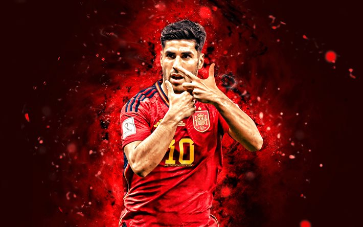 Marco Asensio, 4k, red neon lights, Spain National Football Team, soccer, footballers, red abstract background, spanish football team, Marco Asensio 4K