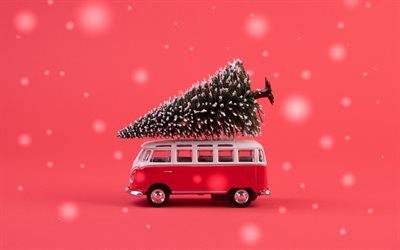 Happy New Year, Merry Christmas, Christmas tree on the bus, red background, Christmas concepts, 2024 Happy New Year