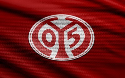 fsv mainz 05 logo, 4k, خلفية النسيج الأحمر, البوندسليجا, خوخه, كرة القدم, شعار fsv mainz 05, fsv mainz 05, نادي كرة القدم الألماني, mainz fc