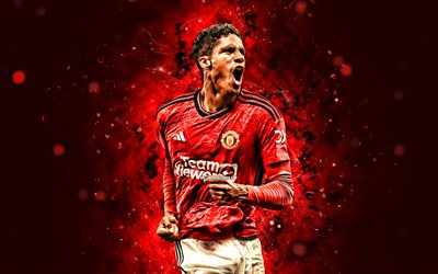 Raphael Varane, 4k, red neon lights, Manchester United FC, Premier League, French footballers, Raphael Varane 4K, football, soccer, Man United, Raphael Varane Manchester United