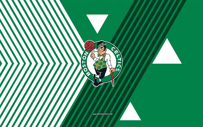 شعار بوسطن سلتكس, 4k, فريق كرة السلة الأمريكي, خلفية الخطوط البيضاء الخضراء, بوسطن سلتكس, الدوري الاميركي للمحترفين, الولايات المتحدة الأمريكية, فن الخط, بوسطن سيلتيكس شعار, كرة سلة