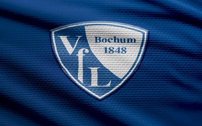 logo vfl bochum fabric, 4k, sfondo in tessuto blu, bundesliga, bokeh, calcio, logo vfl bochum, emblema bochum vfl, vfl bochum, club di calcio tedesco, bochum fc