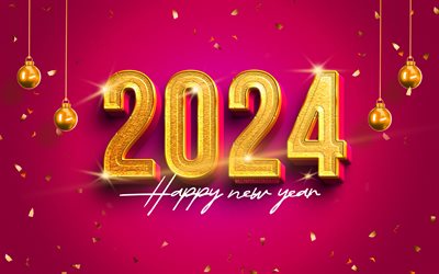 4k, 2023 Happy New Year, golden 3D digits, 2023 purple background, 2023 concepts, golden xmas balls, 2023 golden digits, xmas decorations, Happy New Year 2023, creative, 2023 year, Merry Christmas