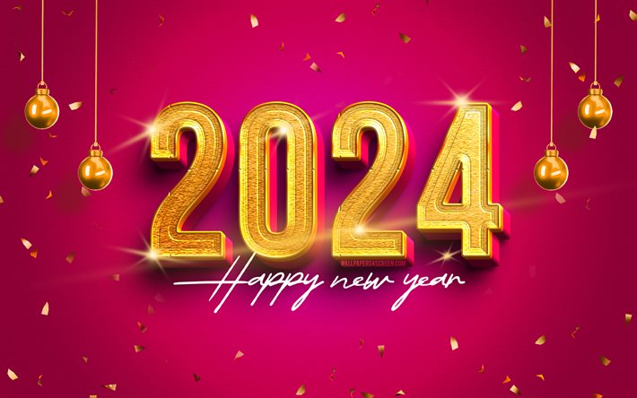 4k, 2023年明けましておめでとうございます, ゴールデン3d桁, 2023紫色の背景, 2023概念, ゴールデンクリスマスボール, 2023黄金桁, クリスマスの装飾, 明けましておめでとう2023, クリエイティブ, 2023年, メリークリスマス