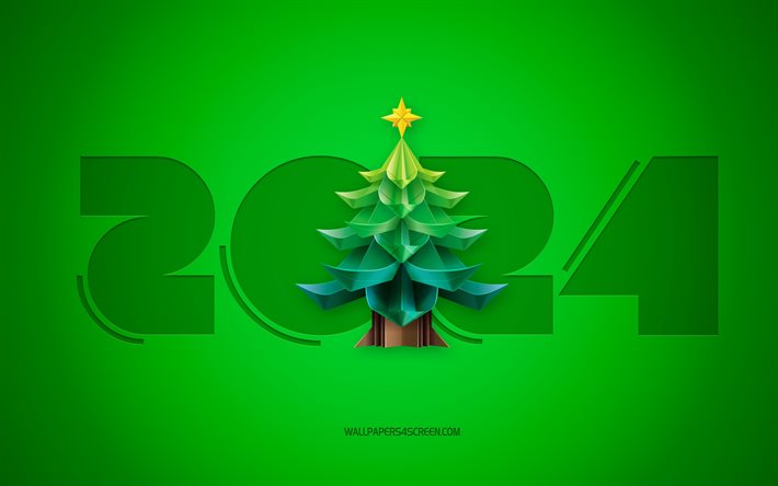 4k, 새해 복 많이 받으세요 2024, 녹색 배경, 3d 크리스마스 트리, 2024 개념, 2024 새해 복 많이 받으세요, 2024 크리스마스 트리가있는 배경, 2024 템플릿