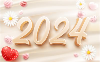 2024 on sand, 4k, 2024 Happy New Year, 3D digits, red 3D heart, 2024 year, artwork, 2024 concepts, 2024 3D digits, Happy New Year 2024, flowers, 2024 yellow background