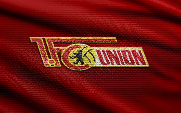 fc union berliinin kangaslogo, 4k, punainen kangas tausta, bundesliga, bokeh, jalkapallo, fc union berliinin logo, fc union berliinin tunnus, fc union berliini, saksalainen jalkapalloseura, union berliinin fc