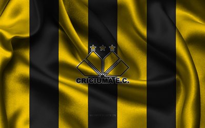 4k, Criciuma logo, black yellow silk fabric, Brazilian football team, Criciuma emblem, Brazilian Serie B, Criciuma, Brazil, football, Criciuma flag, soccer, Criciuma Esporte Clube, Criciuma FC