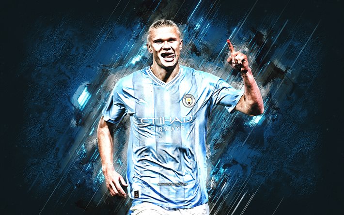 Erling Haaland, Manchester City FC, Norwegian football player, blue stone background, England, football, soccer stars