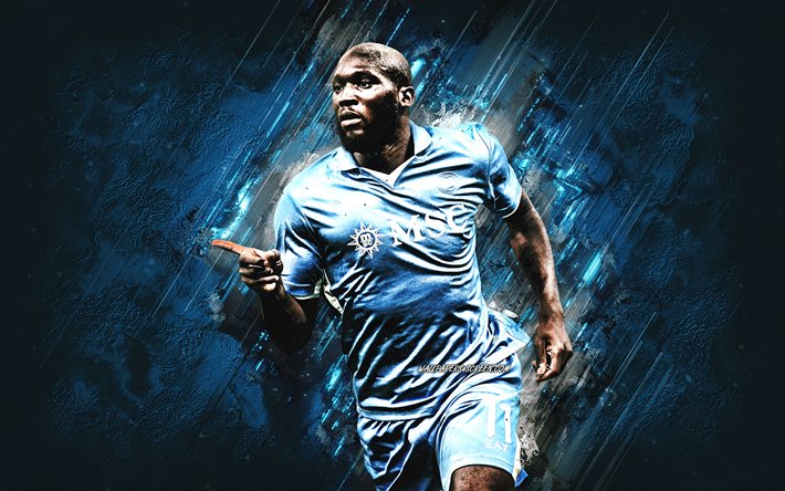 Romelu Lukaku, Napoli, Belgian football player, blue stone background, grunge art, Italy, football