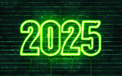 feliz año nuevo 2025, 4k, muro de ladrillo verde, inscripción 2025, 2025 conceptos, 2025 dígitos de neón verde, 2025 feliz año nuevo, arte de neón, creativo, 2025 fondo verde, 2025 año, 2025 dígitos verdes