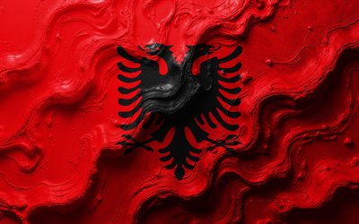 Albania flag, 4k, stone wave texture, Flag of Albania, 3D Albania flag, Europe, flags of European countries, Albania