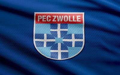 PEC Zwolle fabric logo, 4k, blue fabric background, Eredivisie, bokeh, soccer, PEC Zwolle logo, football, PEC Zwolle emblem, Zwolle FC, dutch football club, PEC Zwolle