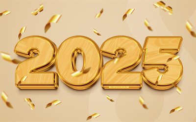 4k, Happy New Year 2025, golden 3D digits, 2025 inscription, 2025 year, 2025 3D digits, artwork, 2025 concepts, 2025 Happy New Year, 3D art, 2025 golden background