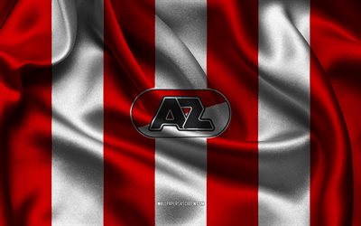 4k, AZ Alkmaar logo, red white silk fabric, Dutch football team, AZ Alkmaar emblem, Eredivisie, AZ Alkmaar, Netherlands, football, AZ Alkmaar flag