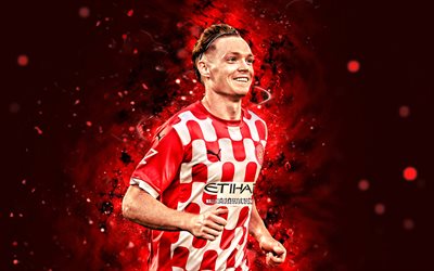 Viktor Tsygankov, 4k, red neon lights, Girona FC, La Liga, Ukrainian footballers, Viktor Tsygankov 4K, football, soccer, LaLiga, Viktor Tsygankov Girona