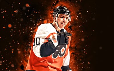 bobby brink, 4k, orangen  neonlichter, philadelphia flyer, nhl, amerikanische hockeyspieler, bobby brink 4k, eishockey, national hockey league, bobby brink philadelphia flyers