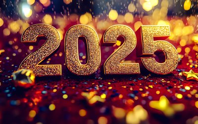 2025 Happy New Year, red 2025 background, 2025 greeting card, 2025 concepts, 2025 gold letters, Happy New Year 2025, creative art