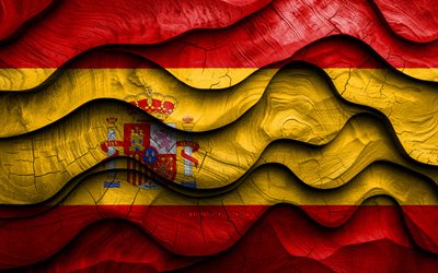 4k, drapeau espagnol, pays européens, drapeaux d'ondes 3d en bois, jour d'espagne, drapeau de l'espagne, drapeau en bois d'espagne, europe, symboles nationaux espagnols, espagne