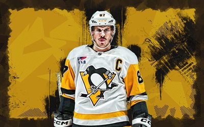 4k, Evgeni Malkin, yellow grunge background, Pittsburgh Penguins, NHL, Russian hockey players, Evgeni Malkin 4K, hockey, National Hockey League, Evgeni Malkin Pittsburgh Penguins