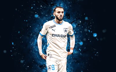 amine gouiri, 4k, néons bleus, olympique marseille, ligue 1, footballeurs algériens, amine gouiri 4k, football, olympique de marseille, amine gouiri olympique marseille