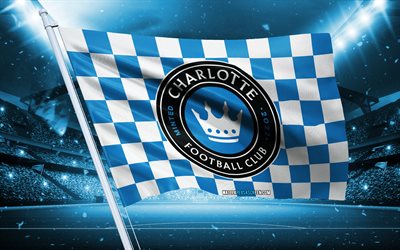 4k, logo charlotte fc, american football club, flag di stadio, flag dei fan di charlotte fc, bandiera bianca blu, charlotte fc emblem, mls, usa, calcio, fc charlotte