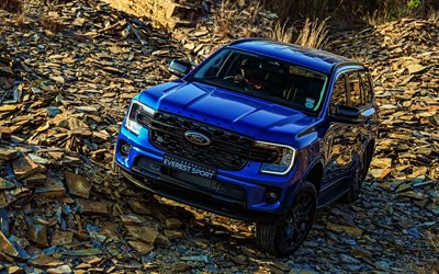 4k, ford everest sport, rocce, 2025 auto, suv, fuori strada, estremo, blue ford everest, 2025 ford everest, auto americane, guado